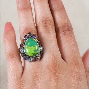 Mojave Green Turquoise and Multi-Gemstone Flower Ring in Stainless Steel
